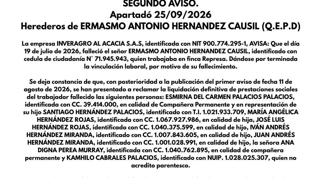 SEGUNDO AVISO.  Apartadó 25/09/2026.  Herederos de ERMASMO ANTONIO HERNANDEZ CAUSIL (Q.E.P.D)