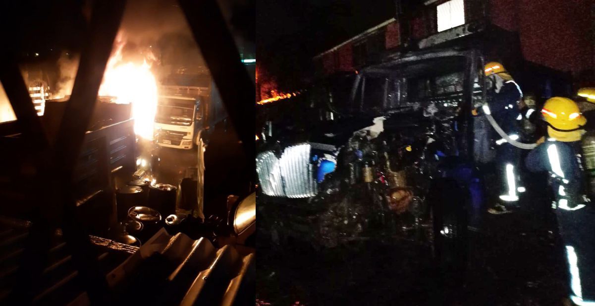 Inexplicable  incendio de volqueta dentro de un parqueadero