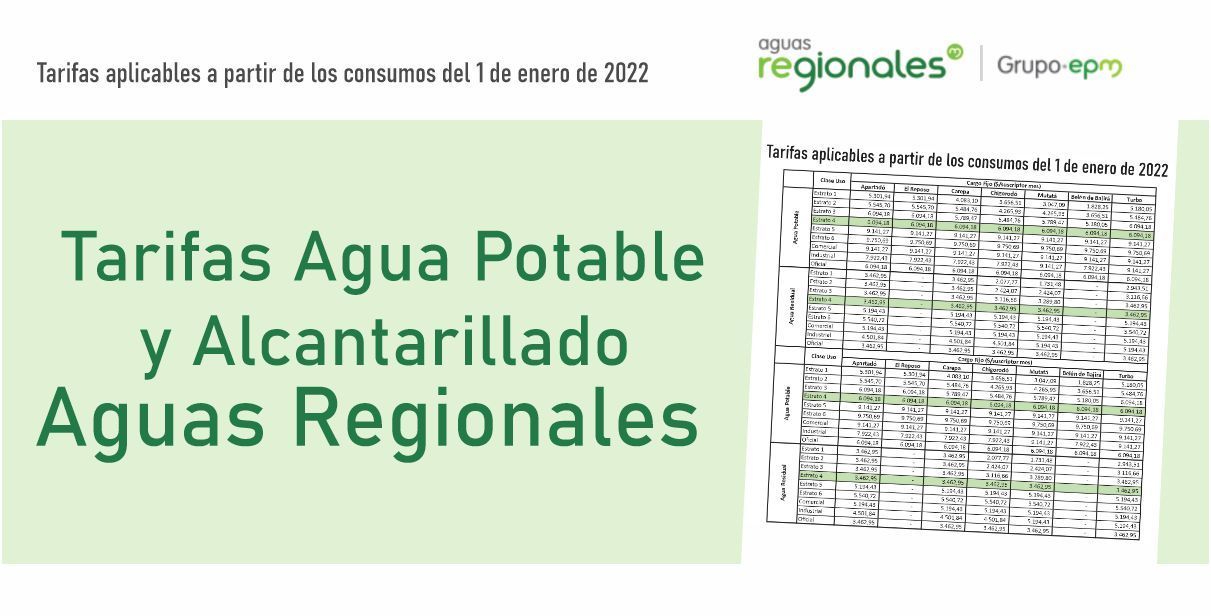 Tarifas Agua Potable y Alcantarillado Aguas Regionales enero 2022