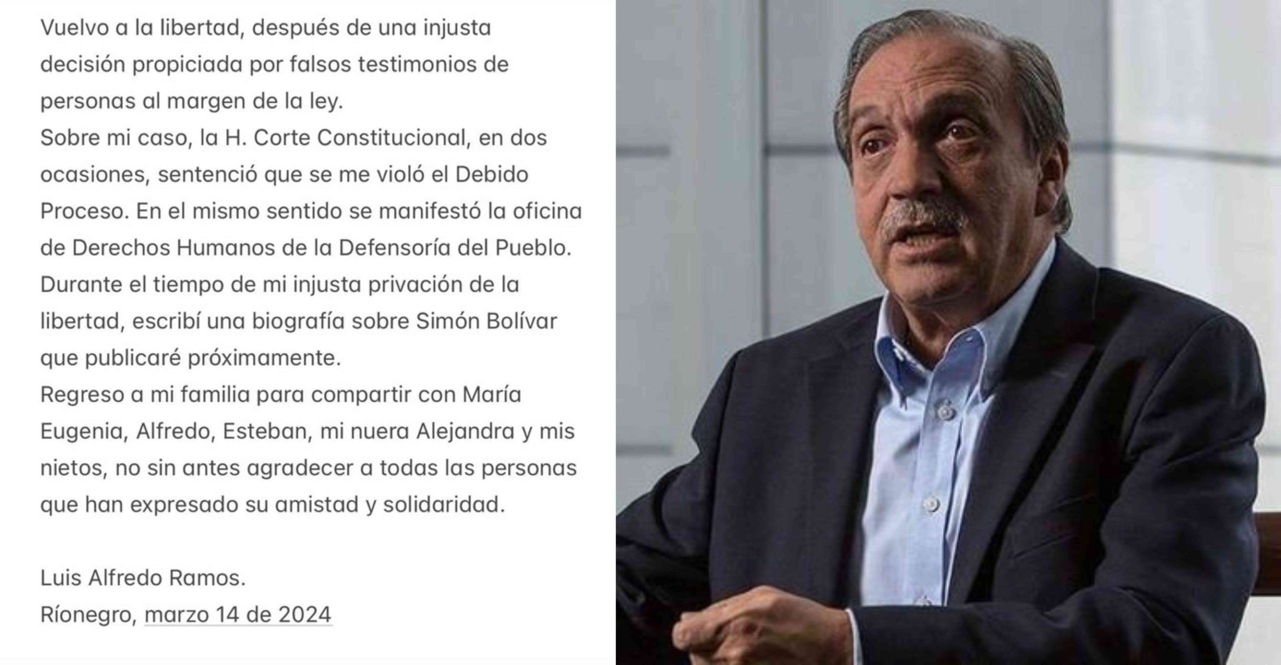 En Libertad el exgobernador de Antioquia, Luis Alfredo Ramos Botero