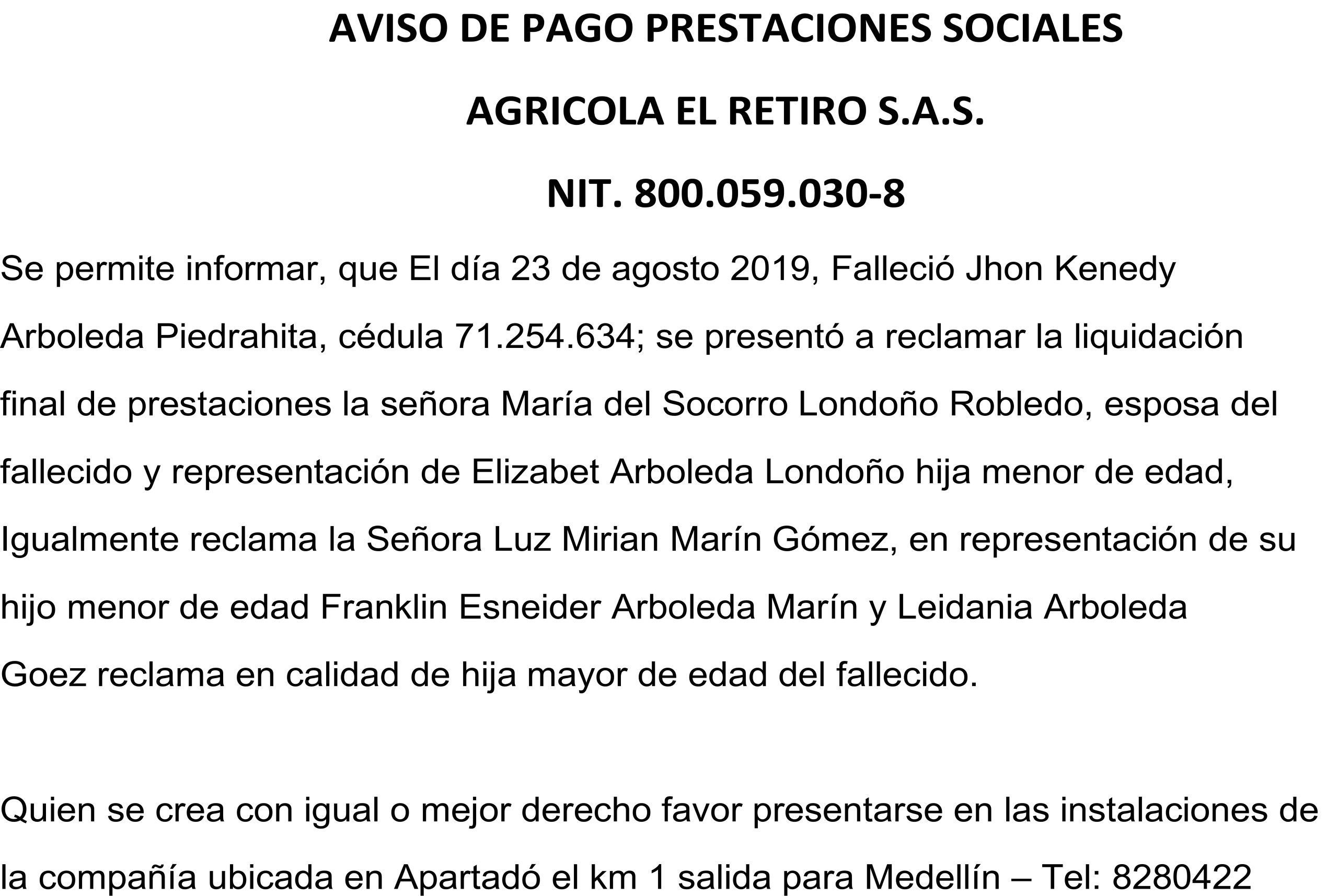 AVISO DE PAGO PRESTACIONES SOCIALES
