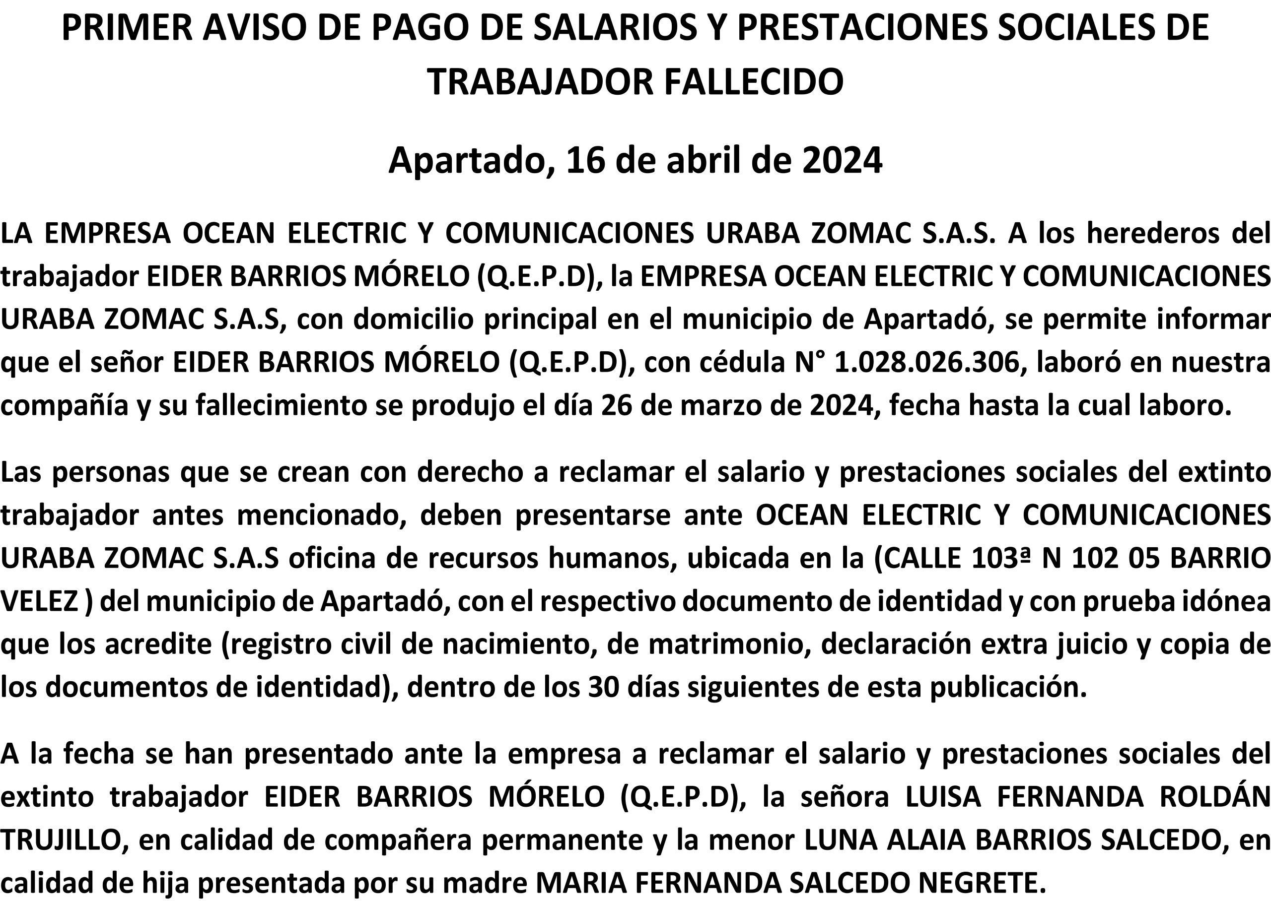 PRIMER AVISO DE PAGO DE SALARIOS Y PRESTACIONES SOCIALES DE TRABAJADOR FALLECIDO