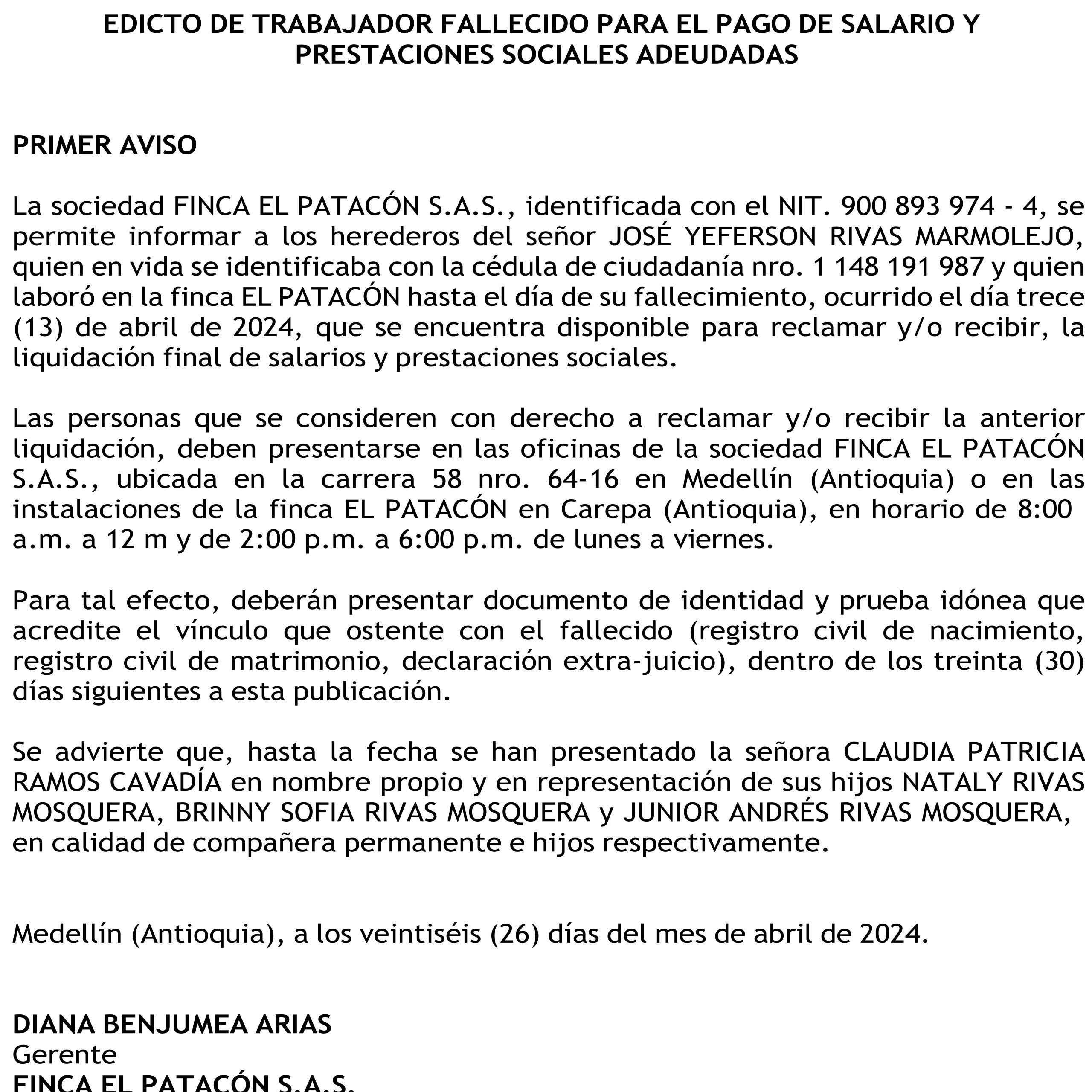 Edicto, Primer aviso