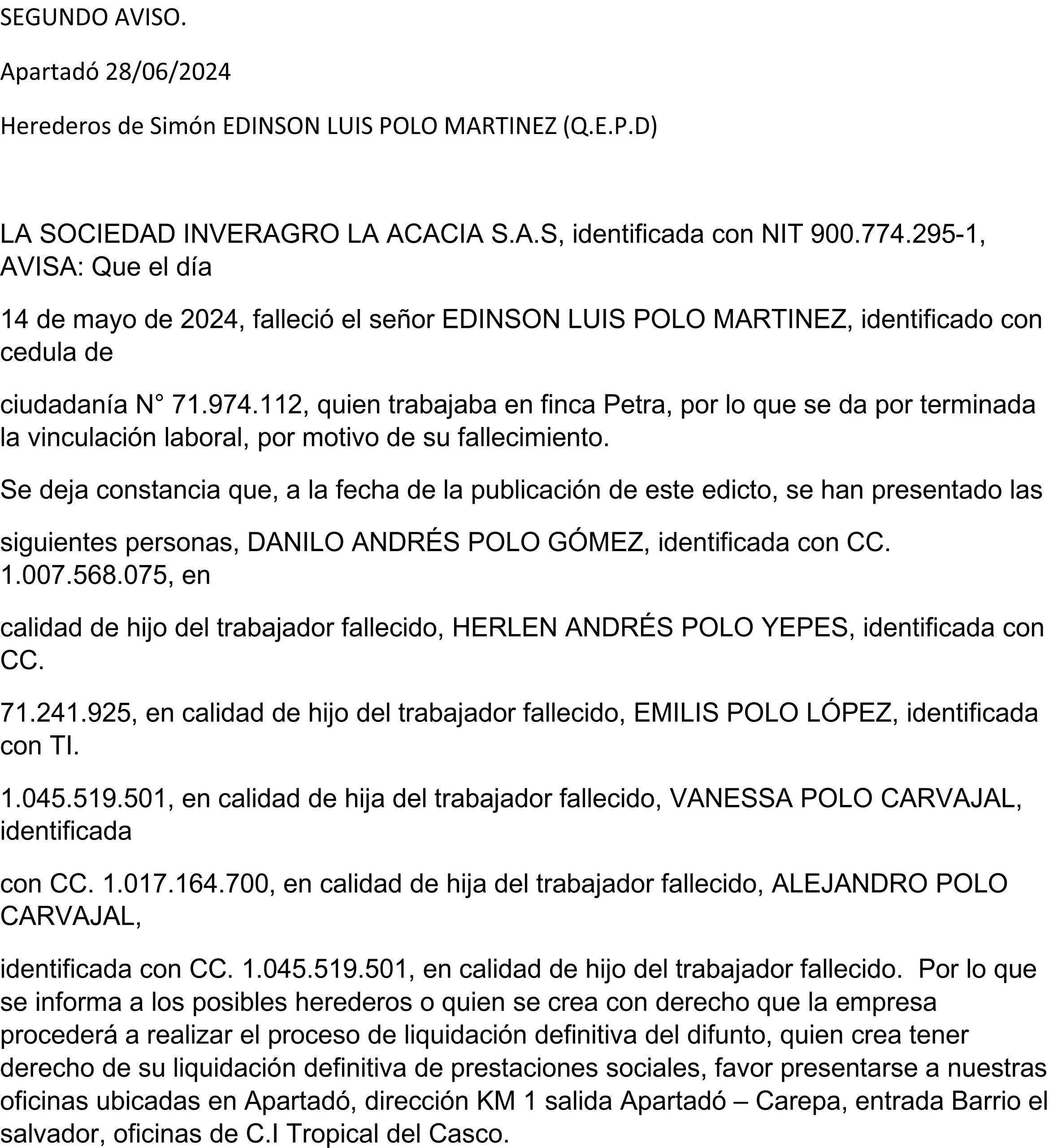 SEGUNDO AVISO.