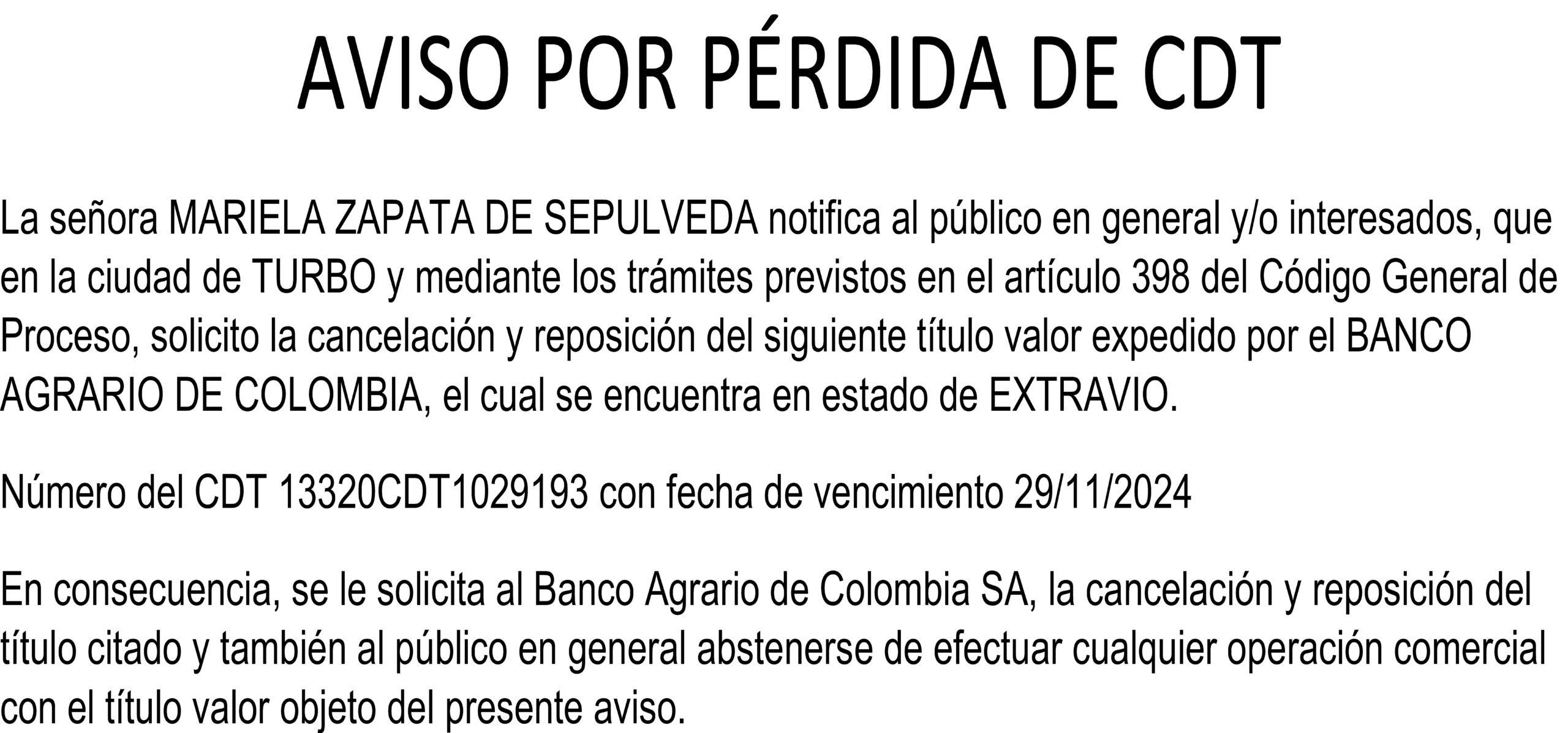 AVISO POR PÉRDIDA DE CDT DE MARIELA ZAPATA