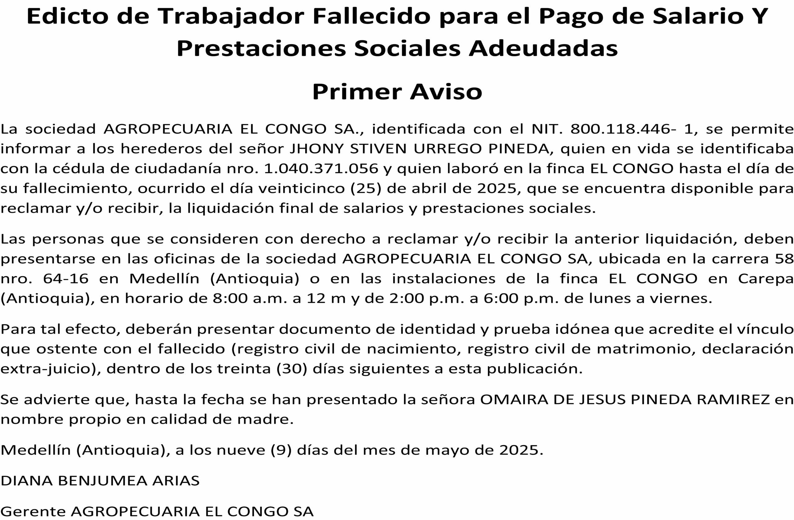 Edicto de Trabajador Fallecido para el Pago de Salario Y Prestaciones Sociales Adeudadas