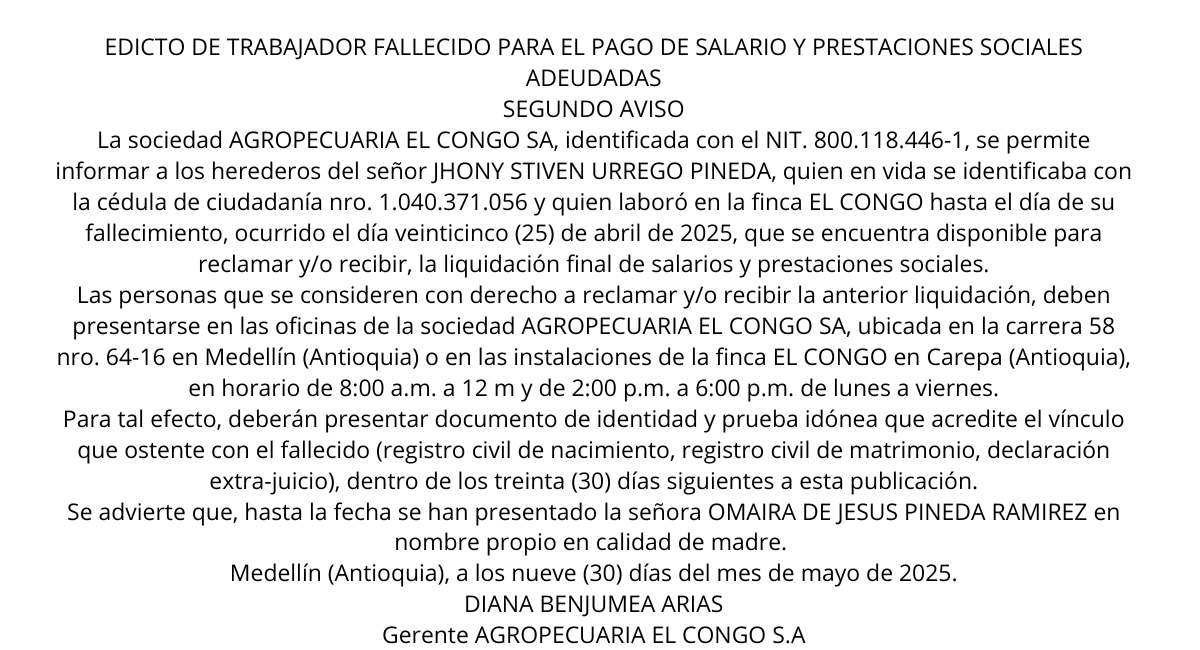 EDICTO DE TRABAJADOR FALLECIDO PARA EL PAGO DE SALARIO Y PRESTACIONES SOCIALES ADEUDADAS