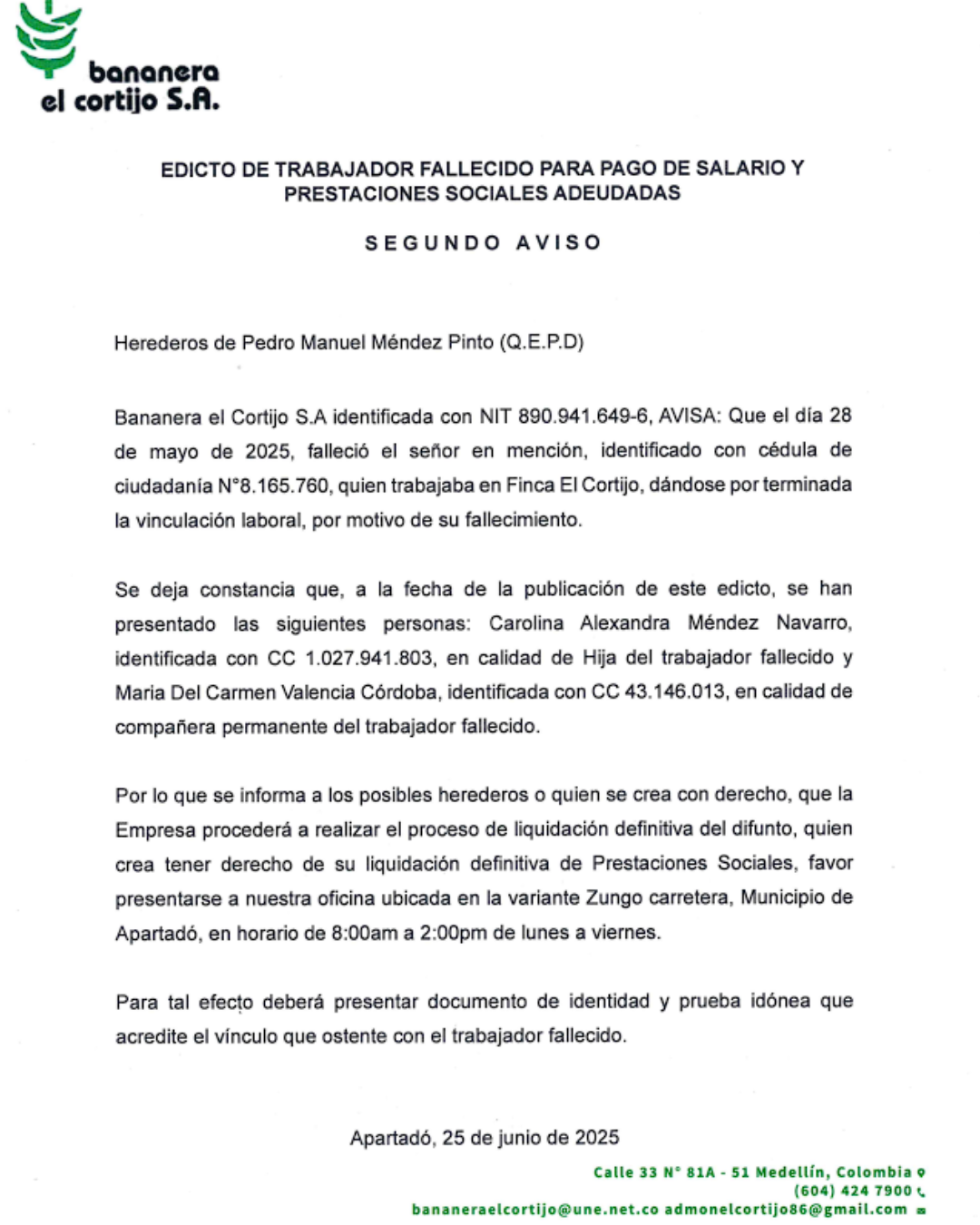 EDICTO DE TRABAJADOR FALLECIDO PARA PAGO DE SALARIO Y PRESTACIONES SOCIALES ADEUDADAS
