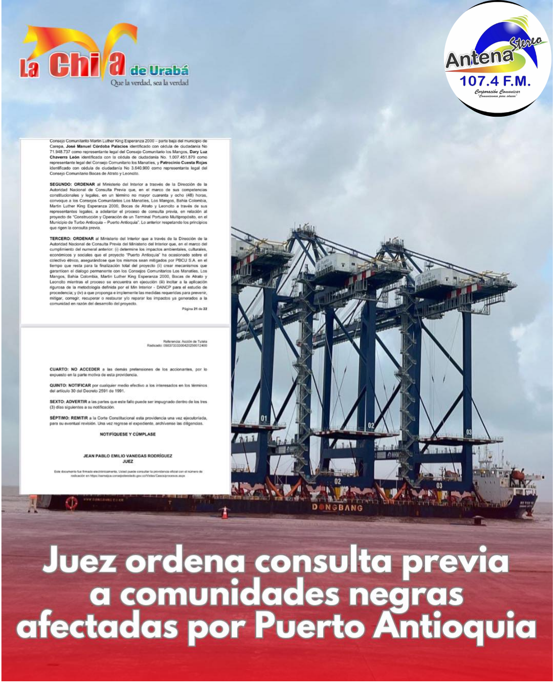 Un Juez de la República ordenó Consulta Previa con comunidades afrocolombianas por impacto de Puerto Antioquia