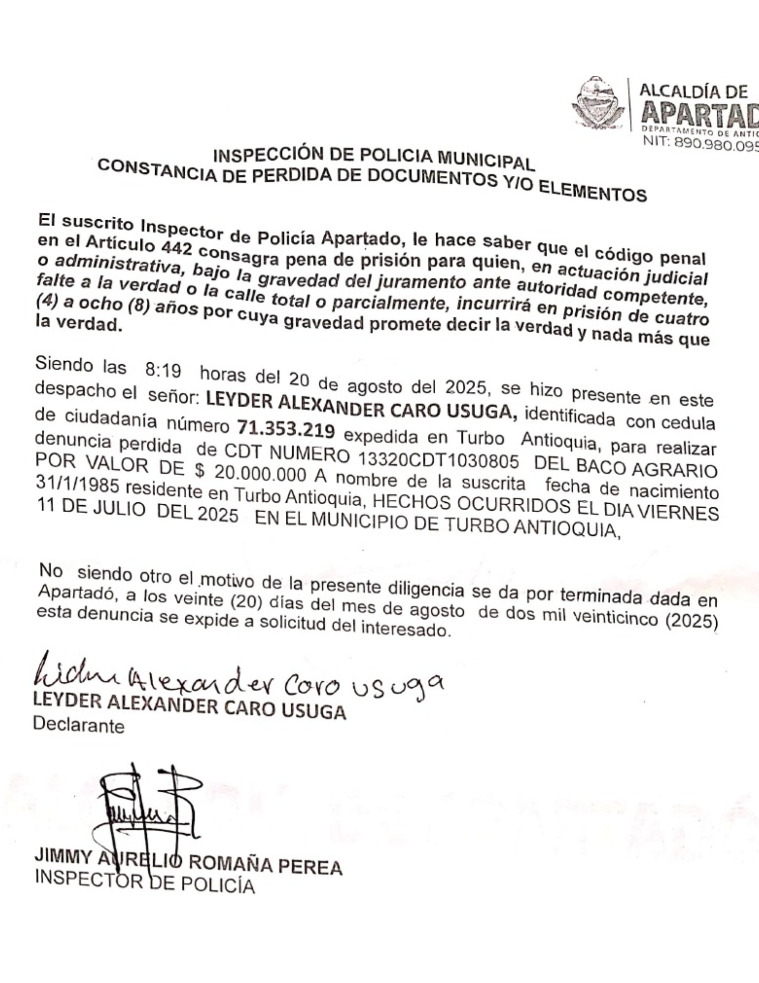 ALCALDÍA DE APARTADÓ-DEPARTAMENTO DE ANTIOQUIA – NIT: 890.990.090