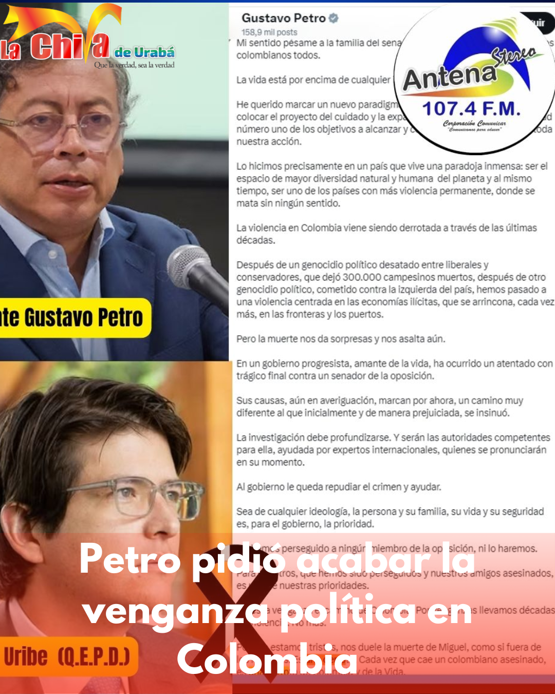 Petro rechazó asesinato de Miguel Uribe y pidió alejar la venganza de la política