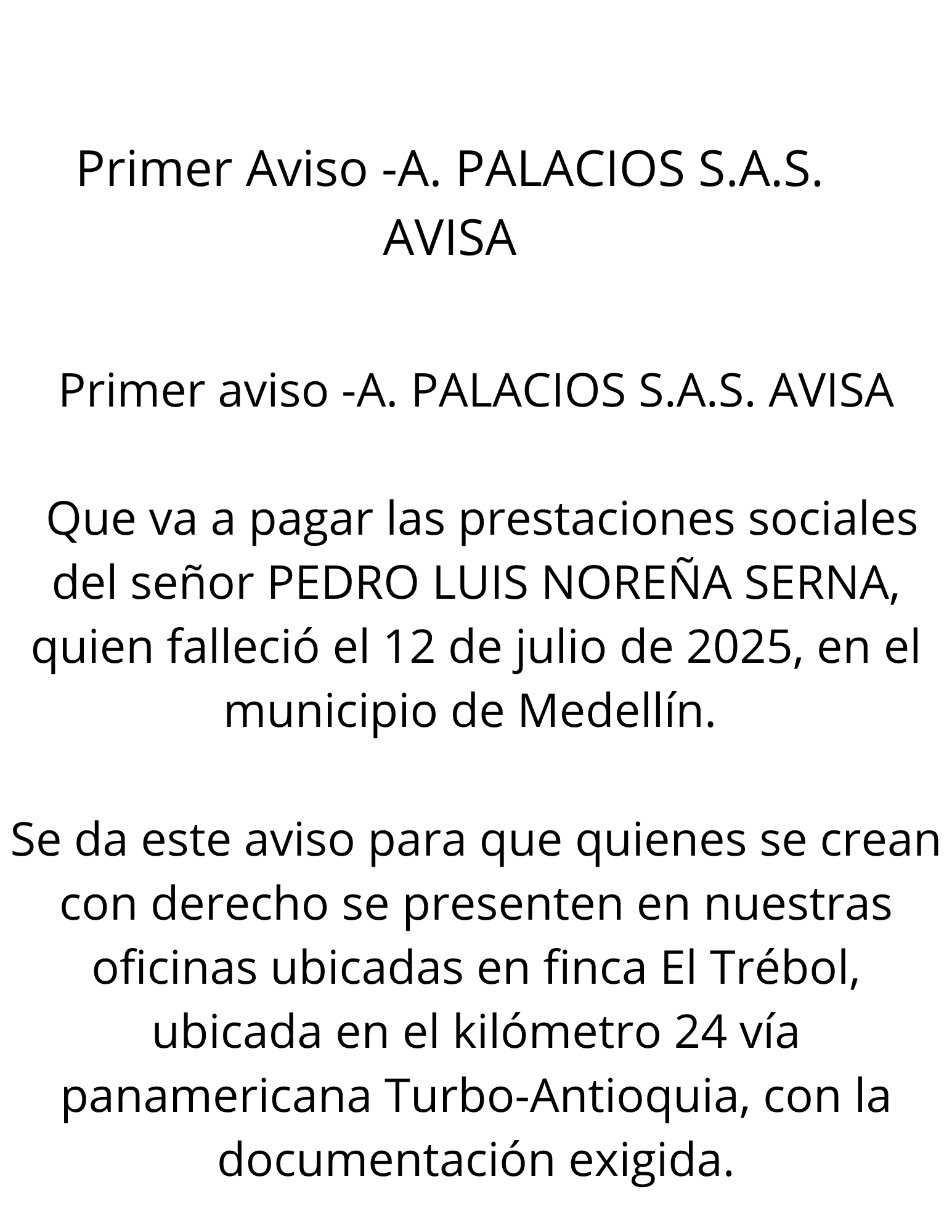 Primer aviso -A. PALACIOS S.A.S. AVISA