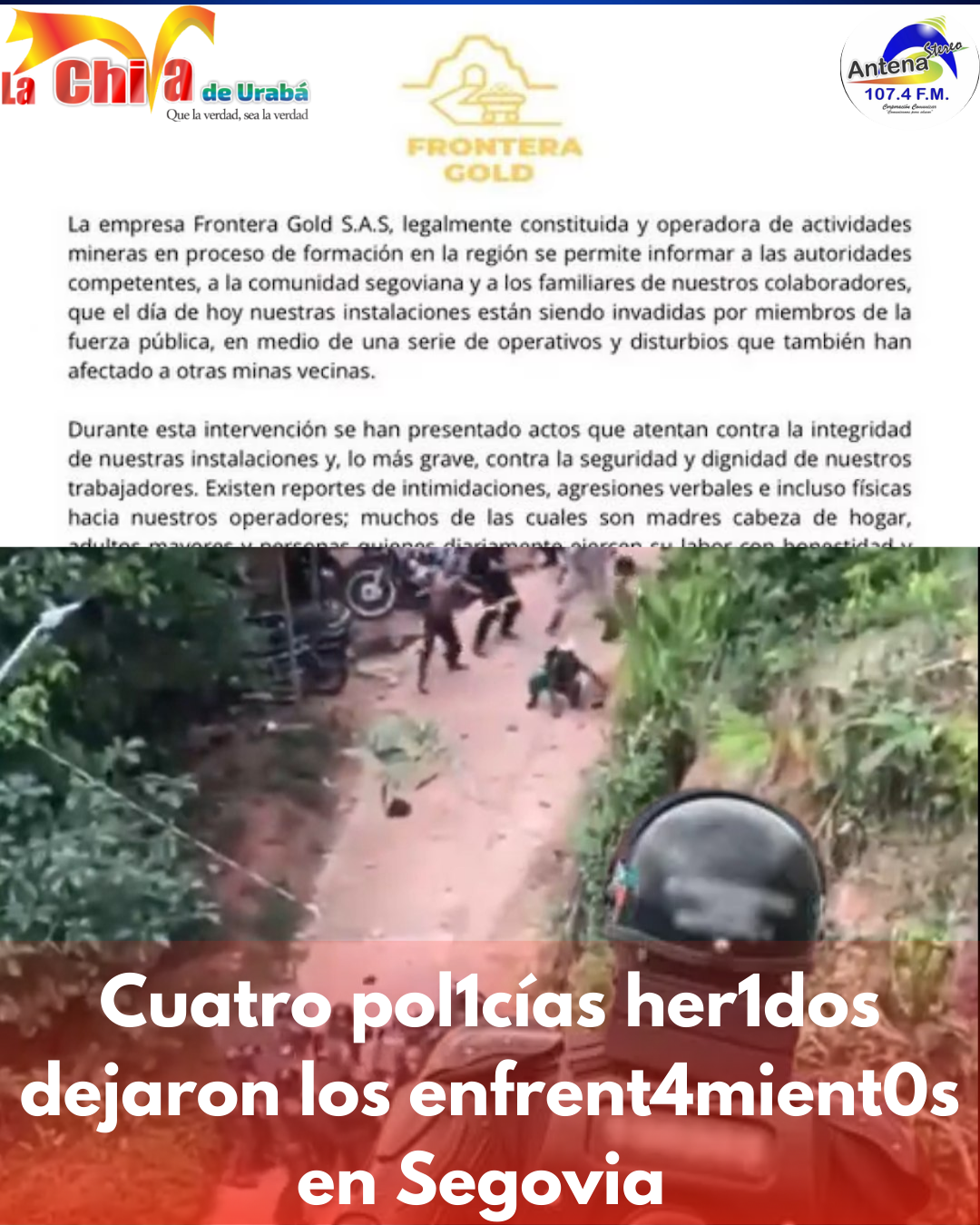Día de tensión en Segovia, por enfrentamientos entre mineros y la fuerza pública