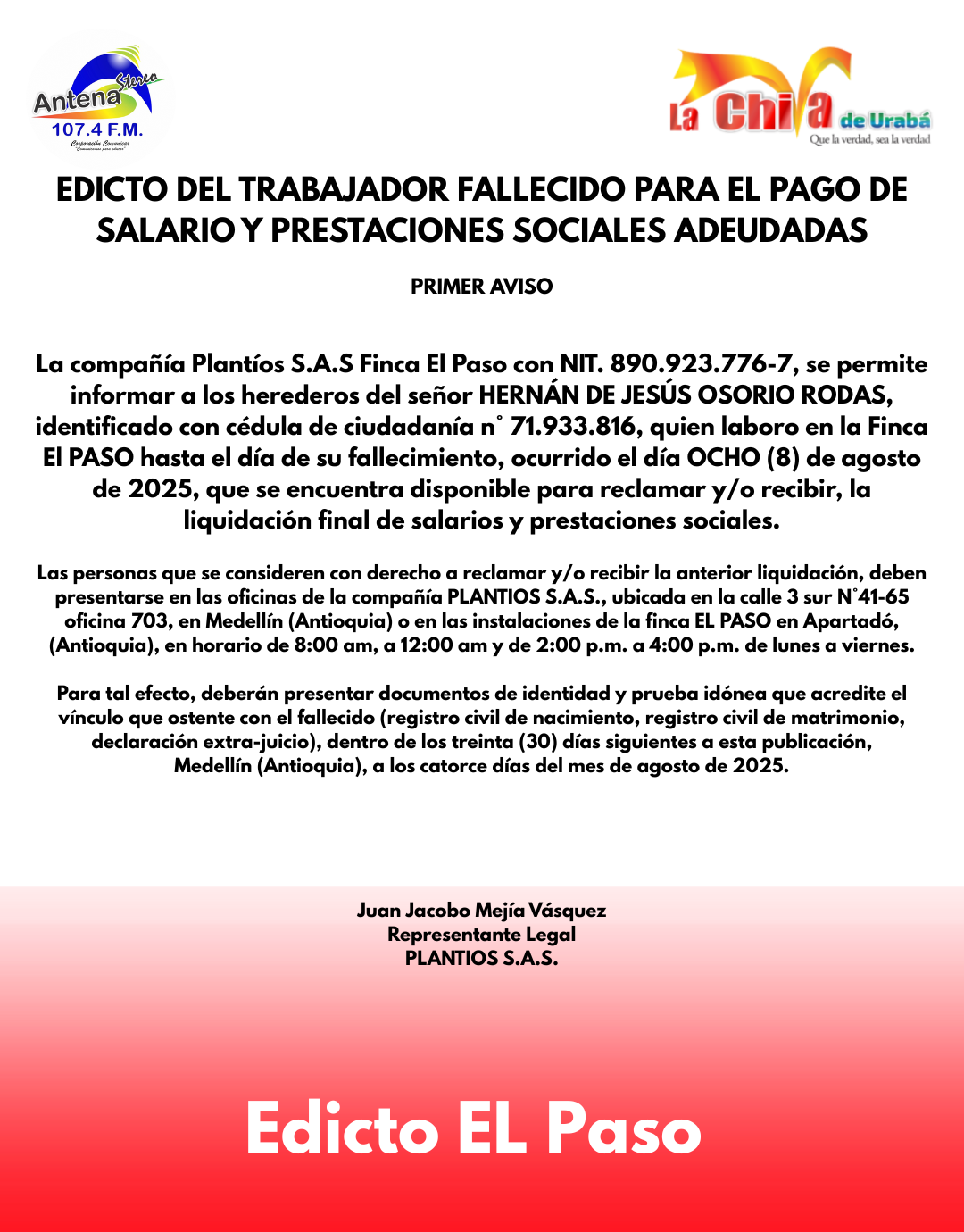 EDICTO DEL TRABAJADOR FALLECIDO PARA EL PAGO DE SALARIO Y PRESTACIONES SOCIALES ADEUDADAS