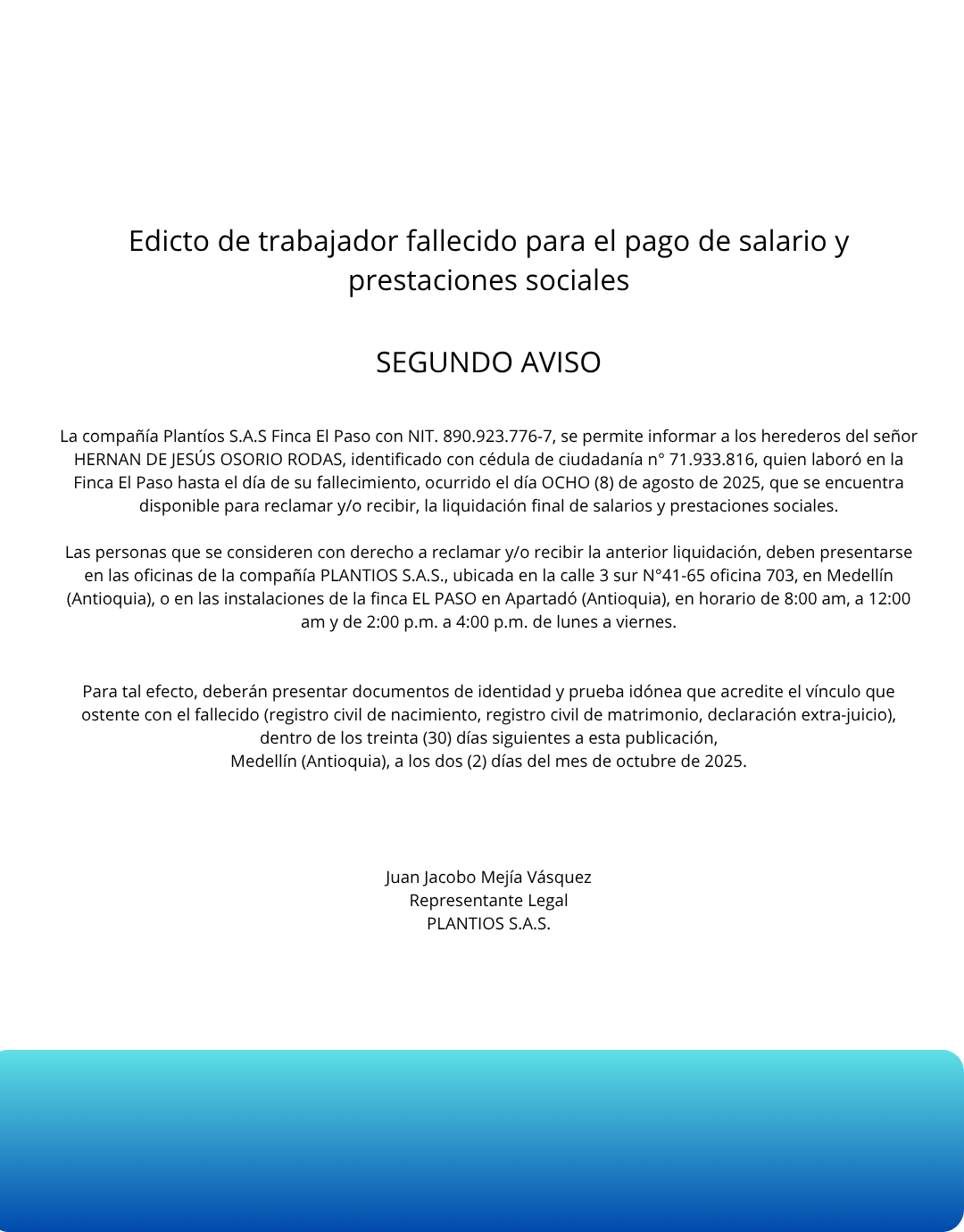 Edicto de trabajador fallecido para el pago de salario y prestaciones sociales