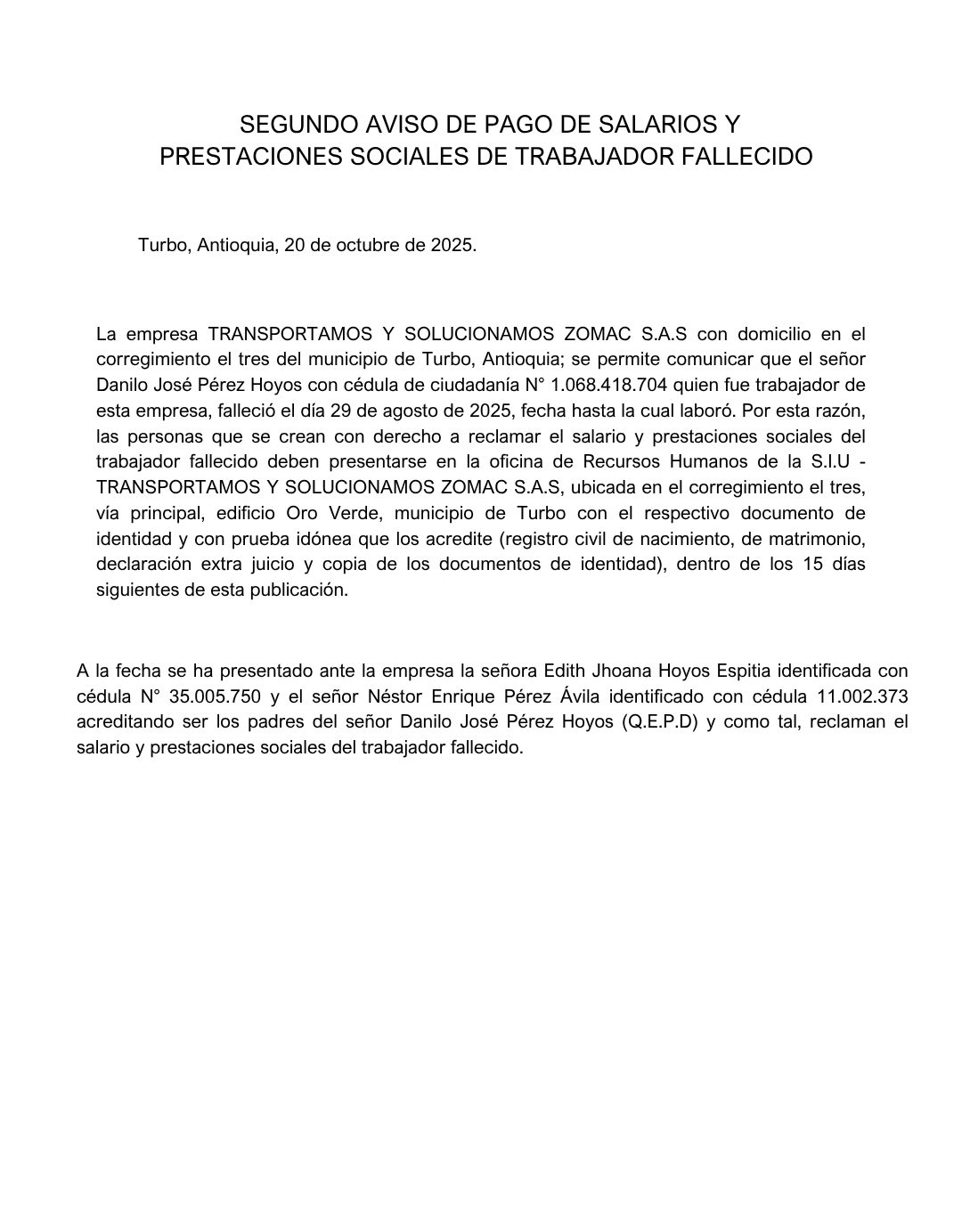 Segundo aviso de pago de salarios y prestaciones sociales de trabajador fallecido