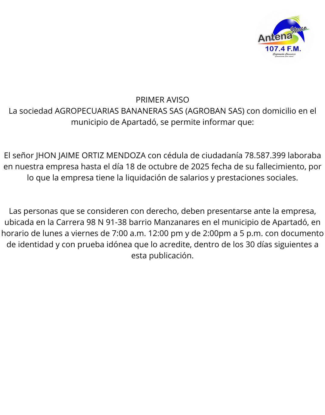 PRIMER AVISO