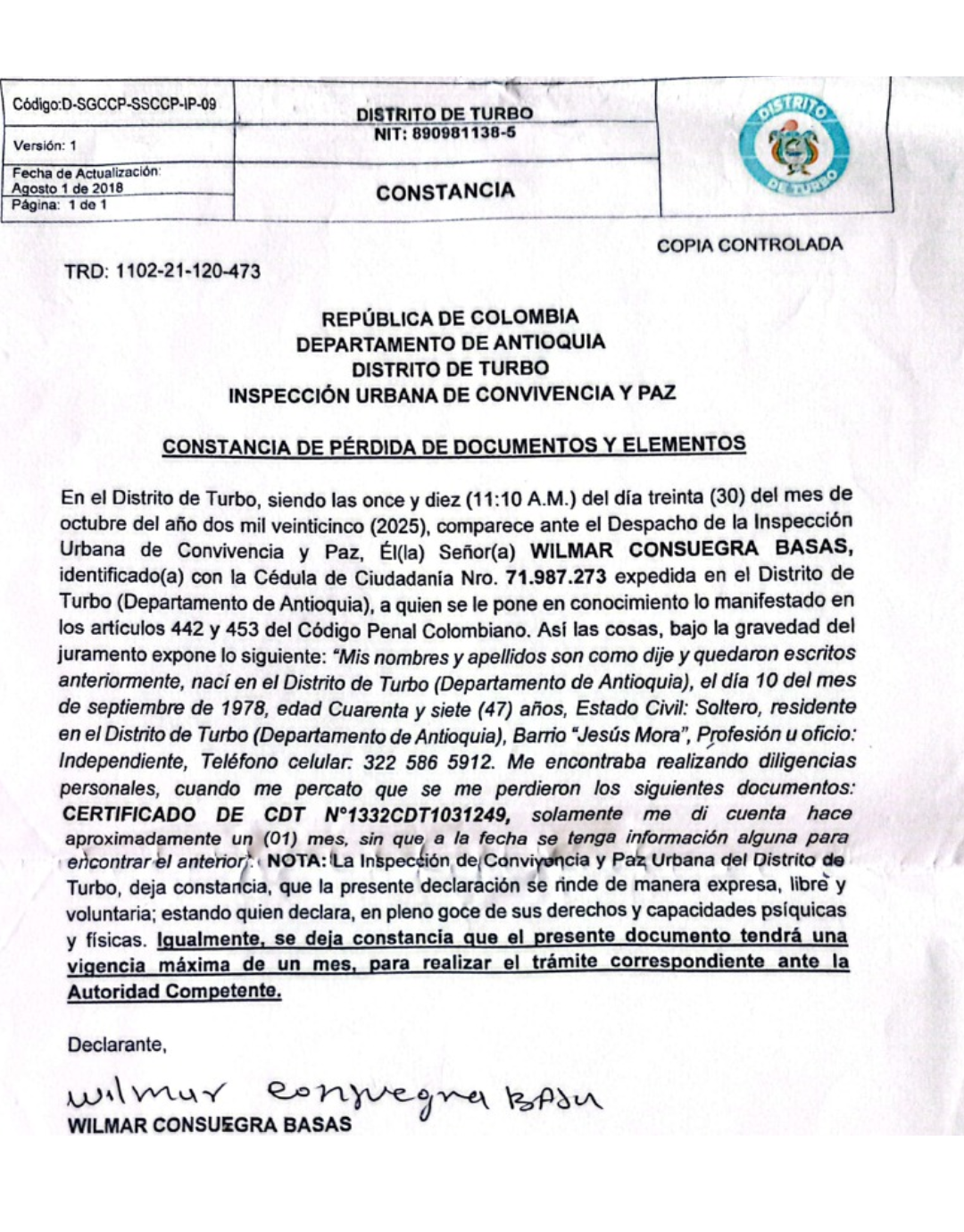 República de Colombia, departamento de Antioquia, Distrito de Turbo, Inspección Urbana de Convivencia y Paz