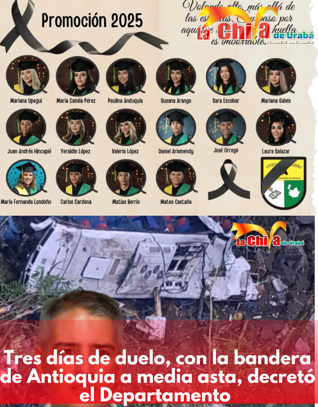 Tres días de duelo por la muerte de 16 estudiantes más conductor en Antioquia