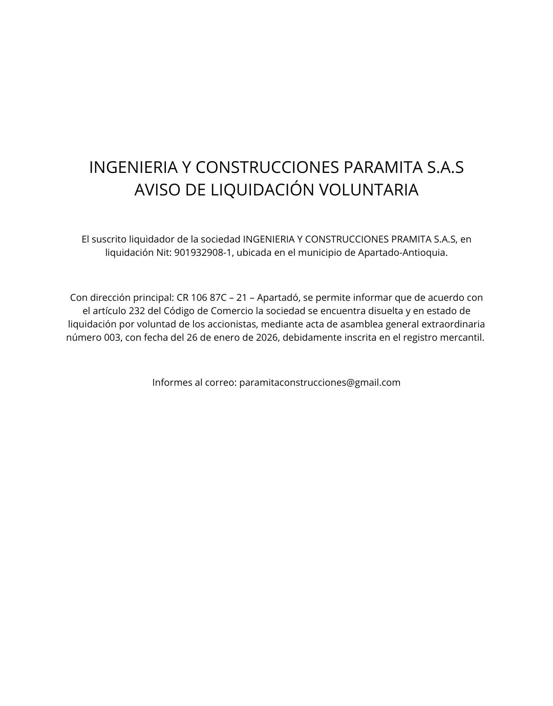 INGENIERIA Y CONSTRUCCIONES PARAMITA S.A.S