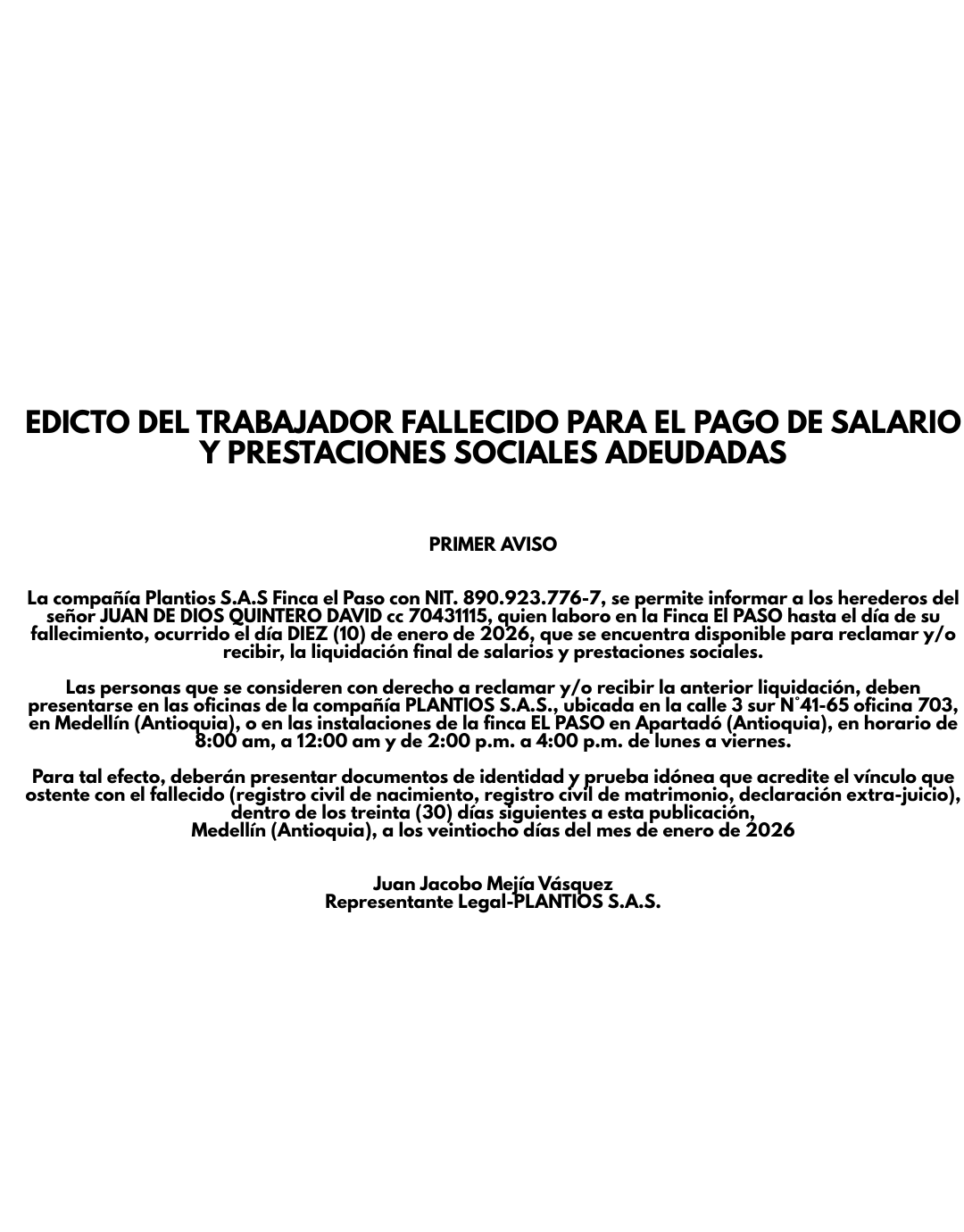 EDICTO DEL TRABAJADOR FALLECIDO PARA EL PAGO DE SALARIO Y PRESTACIONES SOCIALES ADEUDADAS