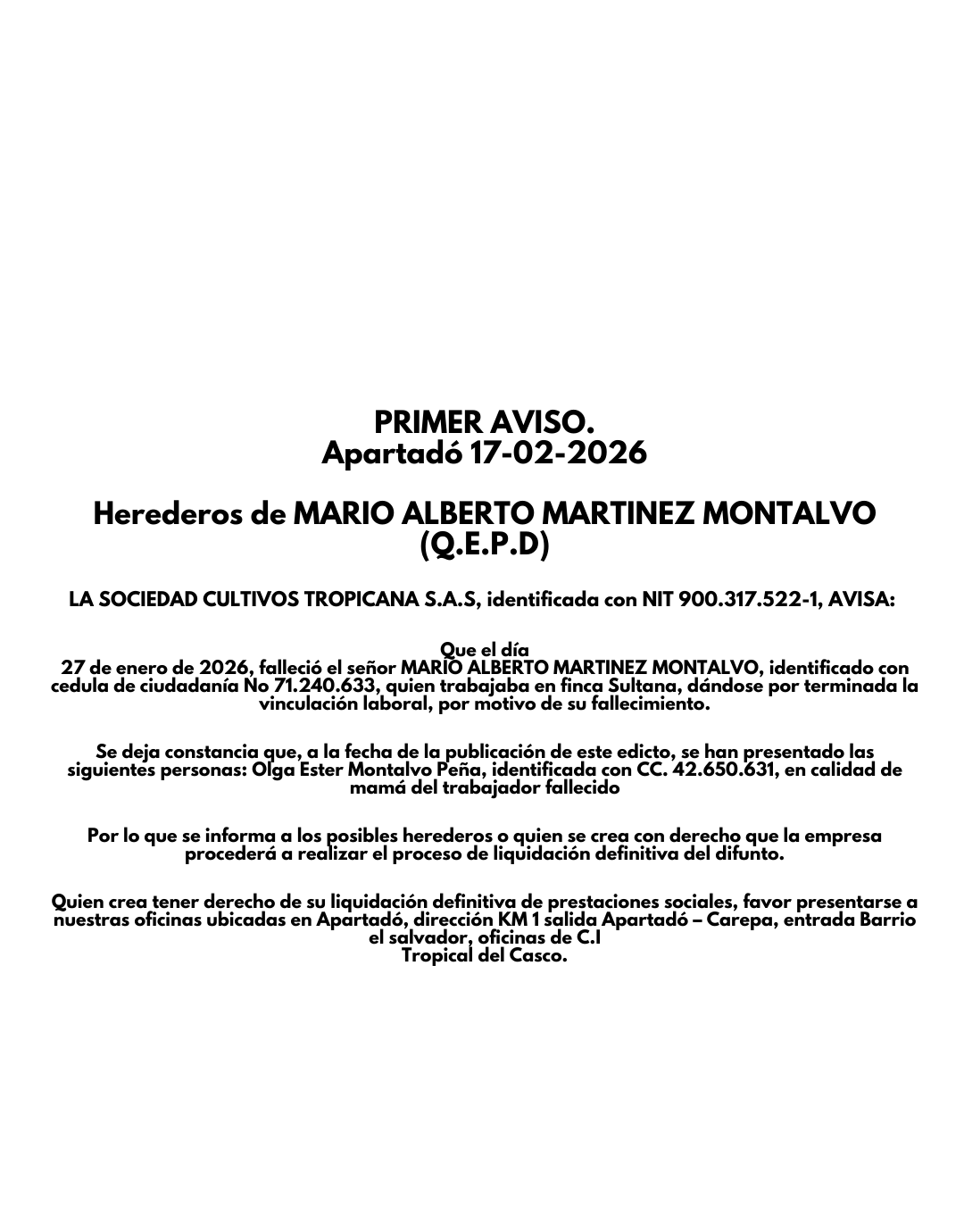 Herederos de MARIO ALBERTO MARTINEZ MONTALVO (Q.E.P.D)