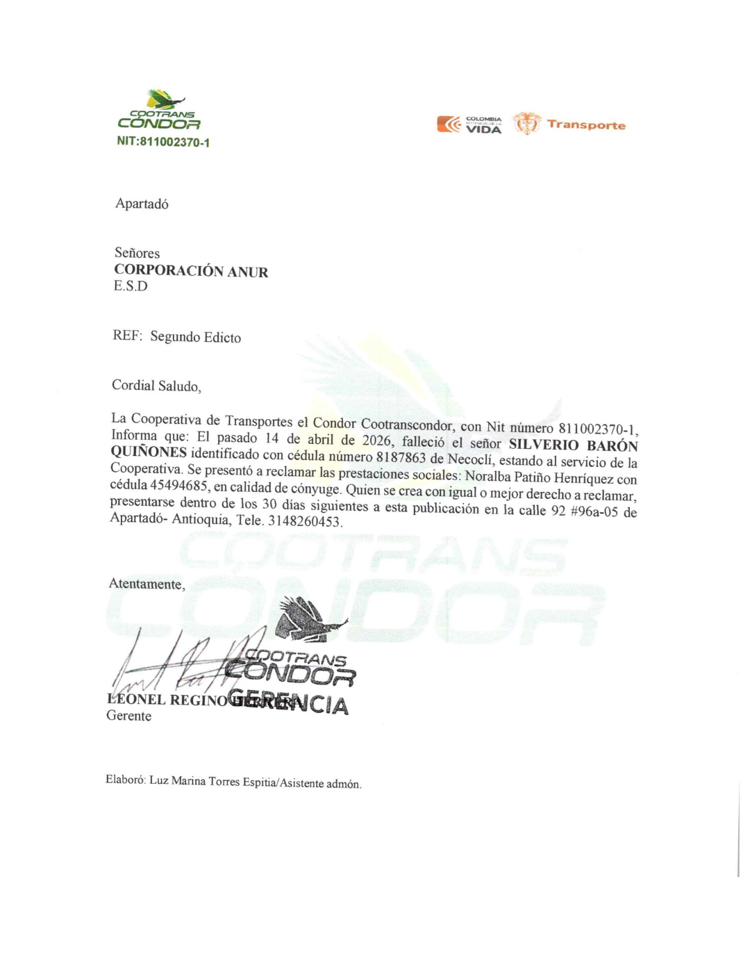 SEGUNDO EDICTO a familiares del fallecido  Silverio Barón Quiñones